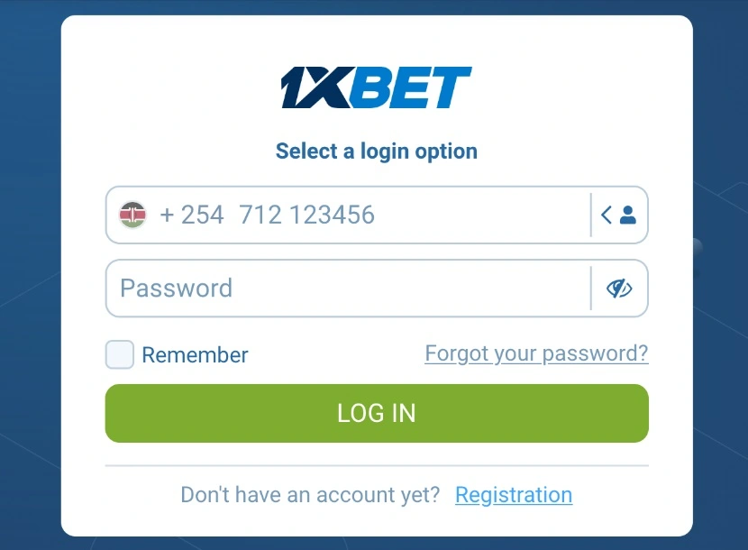 1xBet Kenya login form interface.